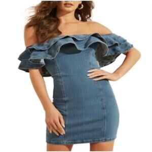 GUESS ROSALEEAH RUFFLED OFF THE SHOULDER DENIM DRESS SIZE SMALL